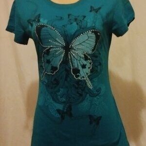 Blue Teal short sleeve Tee with Butterfly